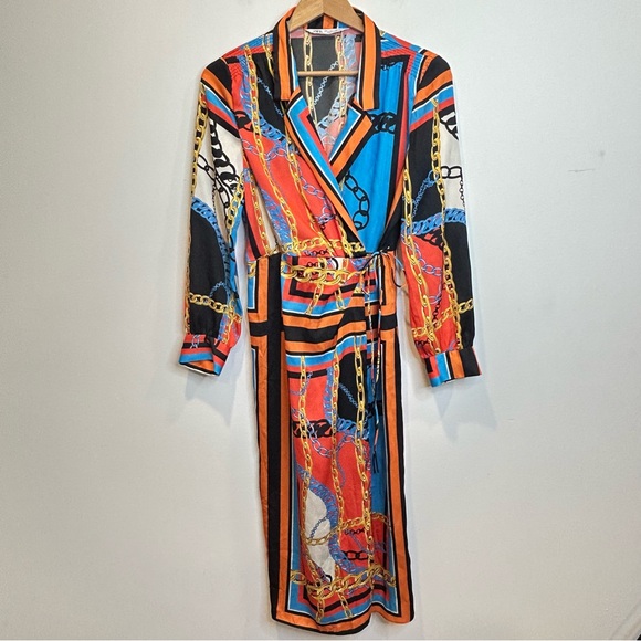 Zara Blogger Fav Chain Print Scarf Print Long Sleeve Midi Shirt Dress Orange - Picture 6 of 13